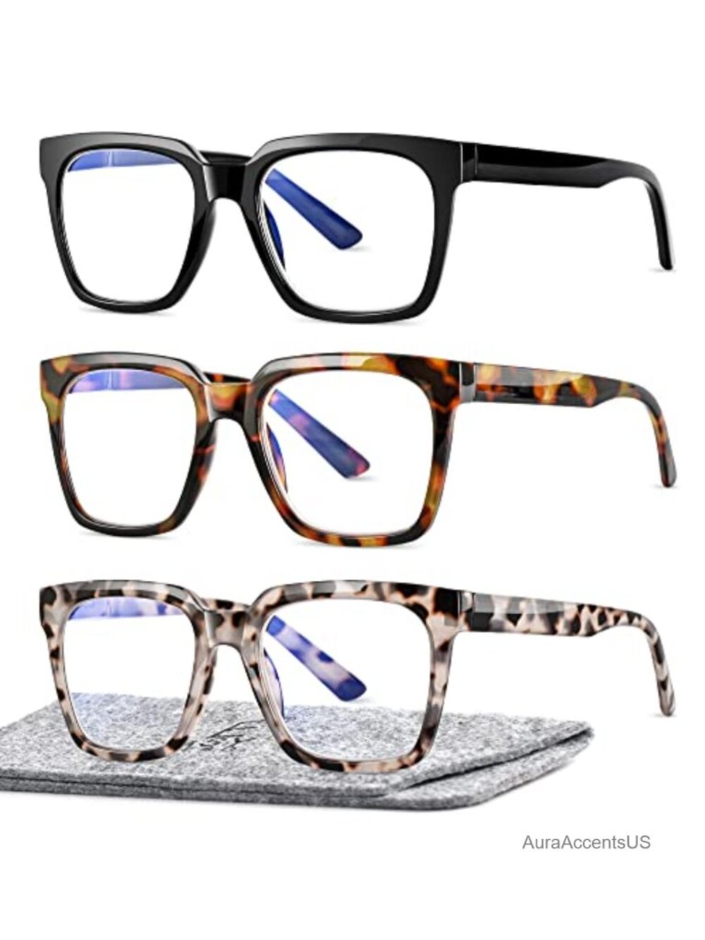 3 Pack Reading Glasses Blue Light Blocking Square Spring Hinge